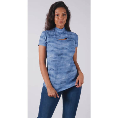 Isca Mock Neck Top with Cut out Detail - Small / Denim -