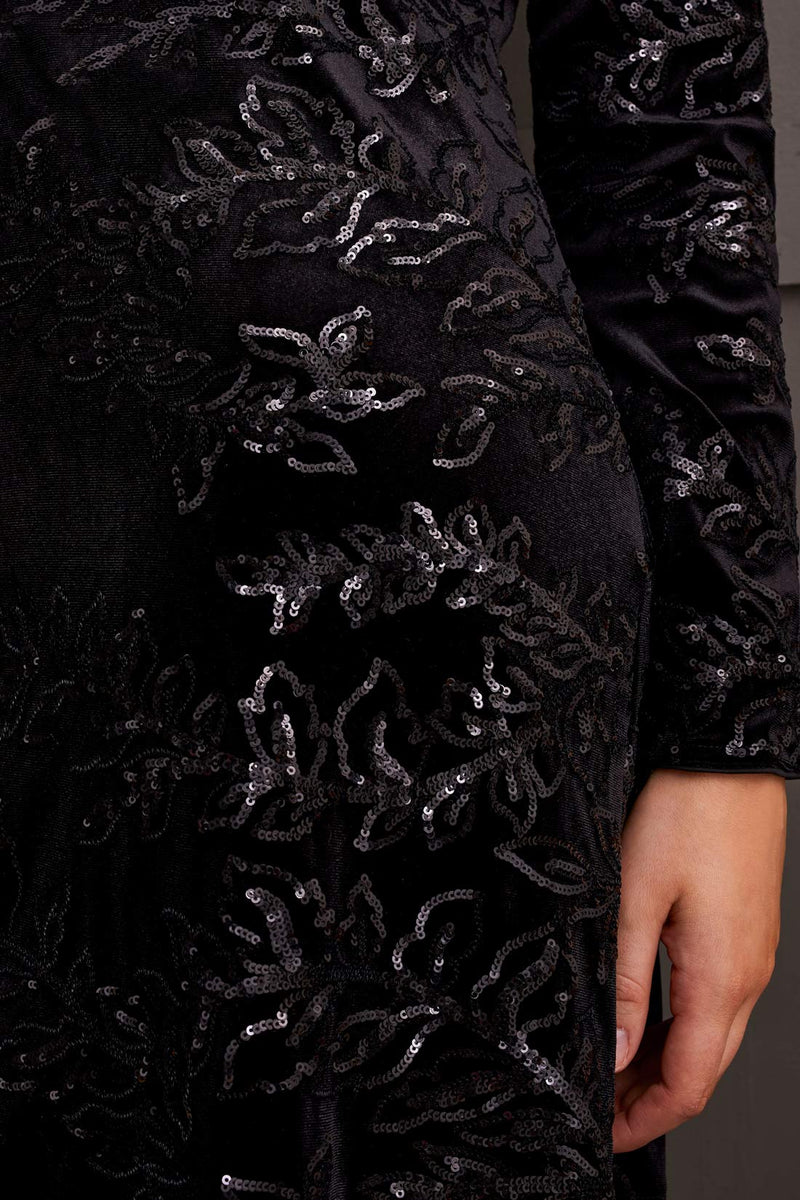 TRIBAL WOMEN'S LINED VELVET SEQUIN DRESS-BLACK