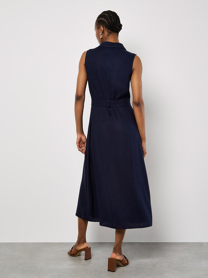 Apricot Women's Linen Blend Shirt Midi Dress - Navy