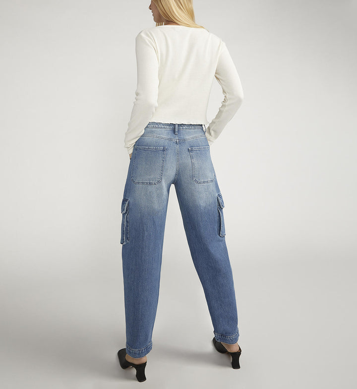 【グランジ】ASTT 25AW Blue washed cargo denim Women's Elastic Waist Straight Leg Relaxed Fit Cargo Jeans
