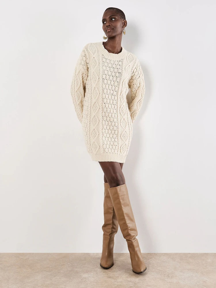 Apricot Cable Knit Oversized Sweater Dress - Stone Apricot Cable Knit Oversized Sweater Dress - Stone