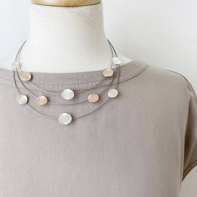 CARACOL 3 ROW CABLE NECKLACE WITH MATTE TEXTURED METAL DISCS