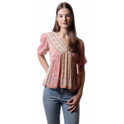 En/Kay Women’s V-Neck Boho Chic Blouse with Puff Sleeves - X