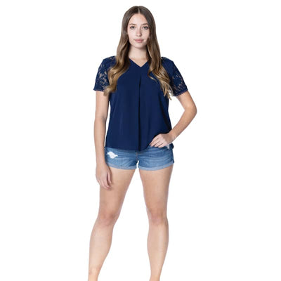 En/Kay Women’s V Neck Top with Lace Detail - Small / Navy