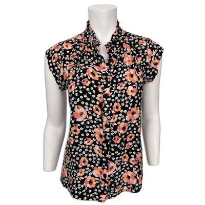 Motion Women’s Black Floral Cap Sleeve Button Front Blouse -