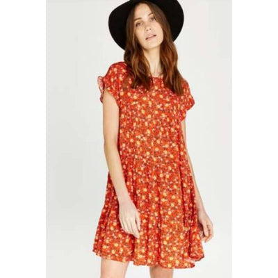 Apricot Floral Ruffle Sleeve Tiered Dress - Women