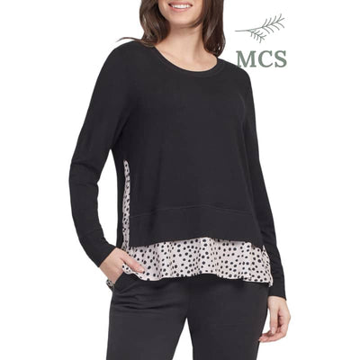 TRIBAL LONG SLEEVE TERRY CLOTH TOP WITH CONTRAST FABRIC 