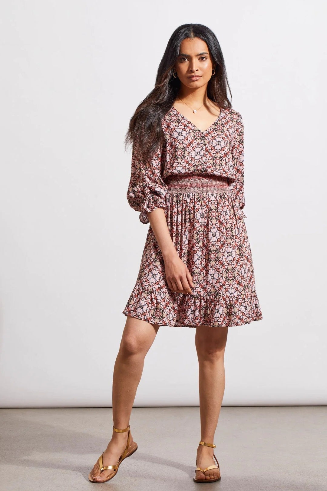 long sleeve tribal print dress TRIBAL WOMEN'S PRINTED CHALLIS DRESS WITH EMBROIDERED SMOCKING