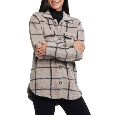 TRIBAL WOMEN’S FURRY MID LENGTH PLAID SHACKET IN TAUPE GREY 