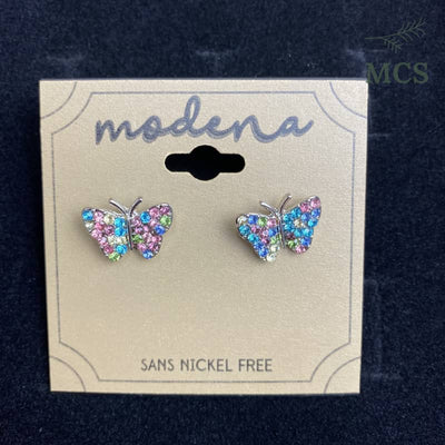 Vanity Fashions Rhodium Butterfly Stud With Multi-color 